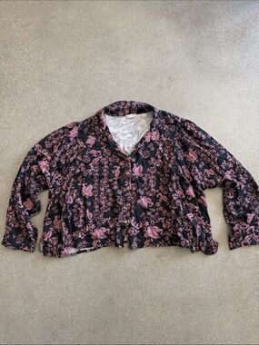 Free People Black Blouse with Pink Floral Damask